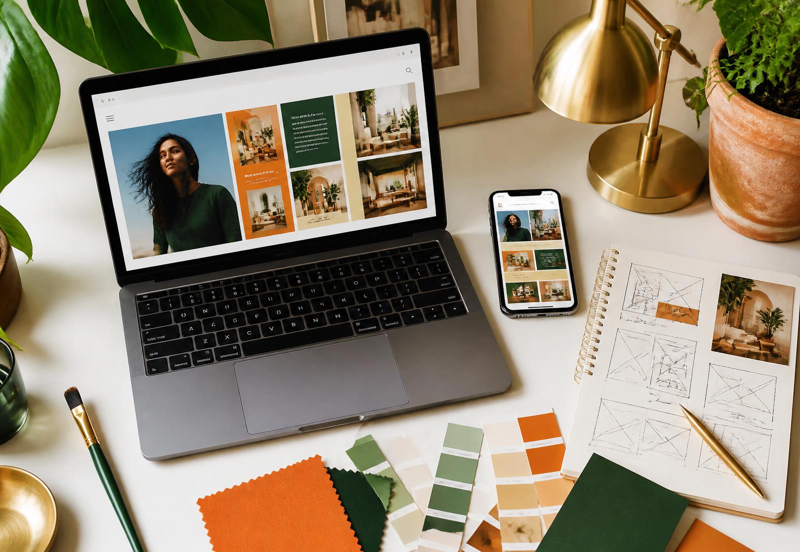 Website design shown on a laptop in a warmly lit studio workspace